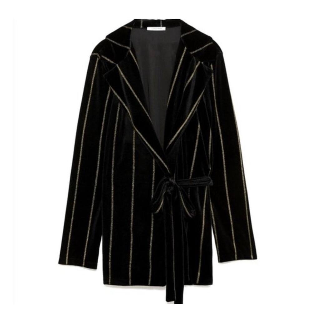 Zara Velvet Black & Gold Pinstripes Belted Waist Blazer -Size Medium